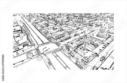 Building view with Landmark of Anaheim is a city outside Los Angeles, in Southern California. Hand drawn sketch illustration in vector.