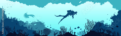 Underwater panorama illustration with fishes and underwater plants silhouettes. Hand-drawn undersea landscape. Horizontal Banner. Vector cartoon game background of underwater world.