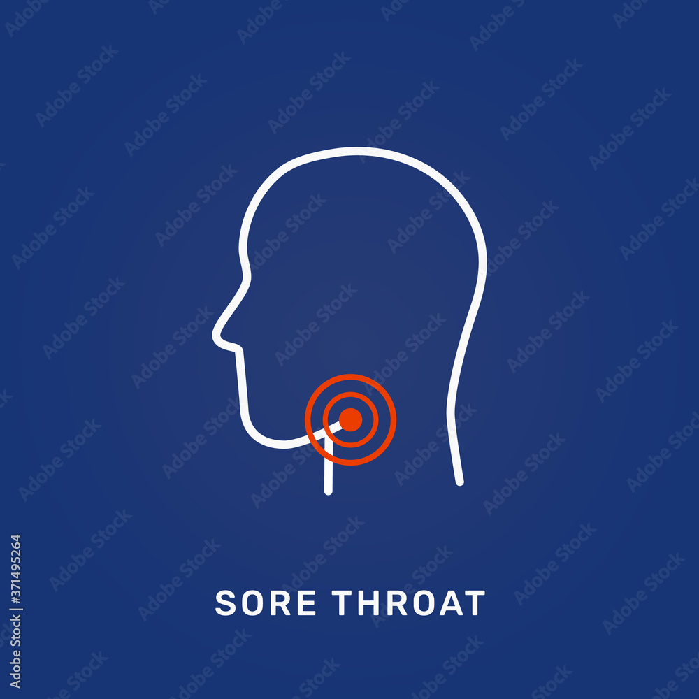 Sore Throat vector icon illustration. Flu man head profile silhouette feels pain in the throat. Ache anatomy location. Logo design for local impact tablet medical packaging. Illness symptom from SET1 Sore Throat vector icon illustration. Flu man head profile silhouette feels pain in the throat. Ache anatomy location. Logo design for local impact tablet medical packaging. Illness symptom from SET1