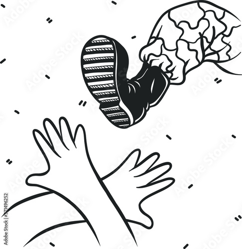Man in uniform outfit kicks his unarmed opponent who raised hands up. Isolated sketch object. Flat vector illustration