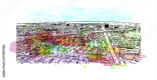 Building view with Landmark of Anaheim is a city outside Los Angeles, in Southern California. Watercolor splash with hand drawn sketch illustration in vector.