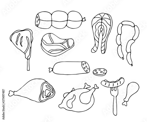 Meats doodle icons set in vector. Hand drawn meats icons collection. Collection of doodle meat illustrations