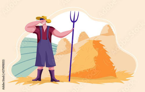 Farmer stacking hay in the field. Agricultural work. Rural life. Vector illustration.