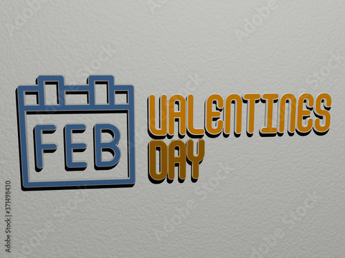 valentines day icon and text on the wall - 3D illustration for background and heart