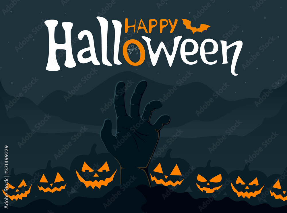 Halloween spooky background with zombie hand and scary pumpkins. Vector illustration.