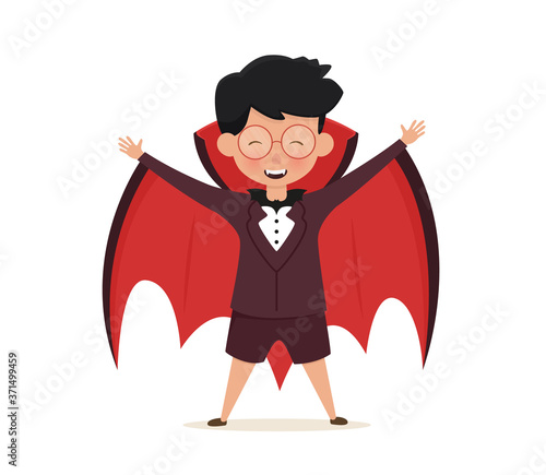Halloween boy character in costume of dracula. Kids Costume Party. Vector illustration isolated on white background.