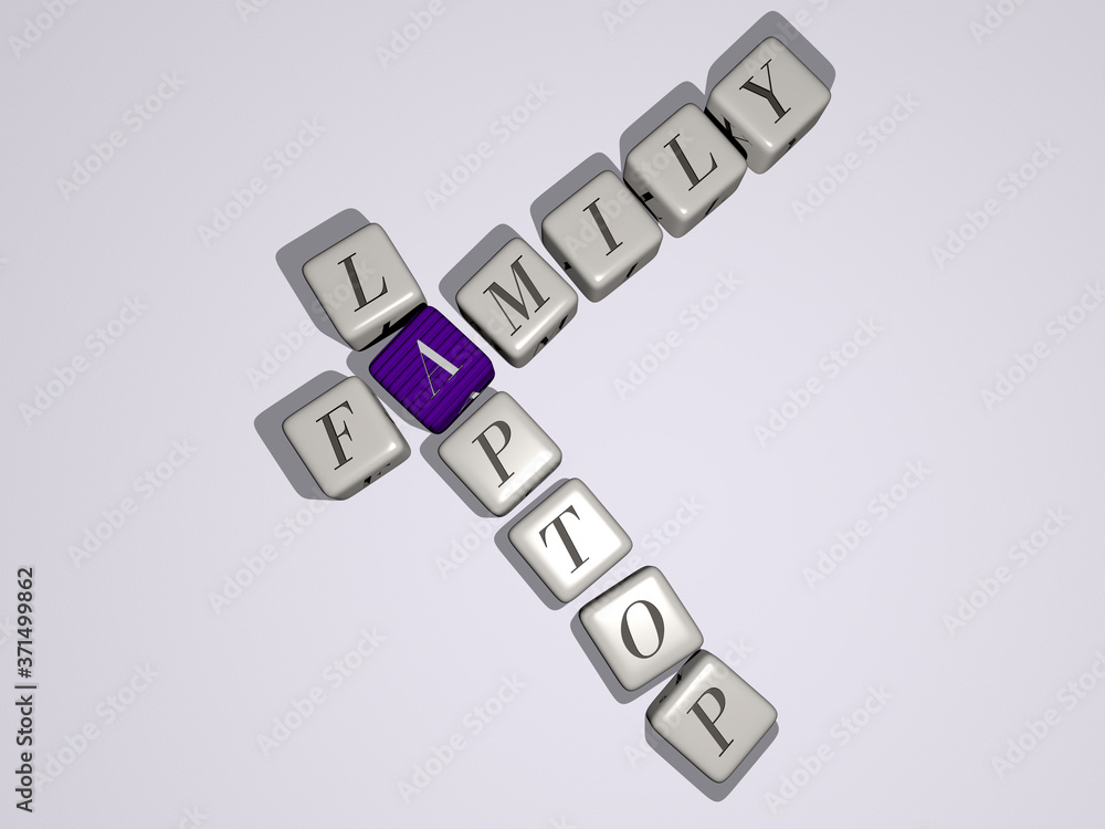 FAMILY LAPTOP crossword by cubic dice letters - 3D illustration for child and happy FAMILY LAPTOP crossword by cubic dice letters - 3D illustration for child and happy