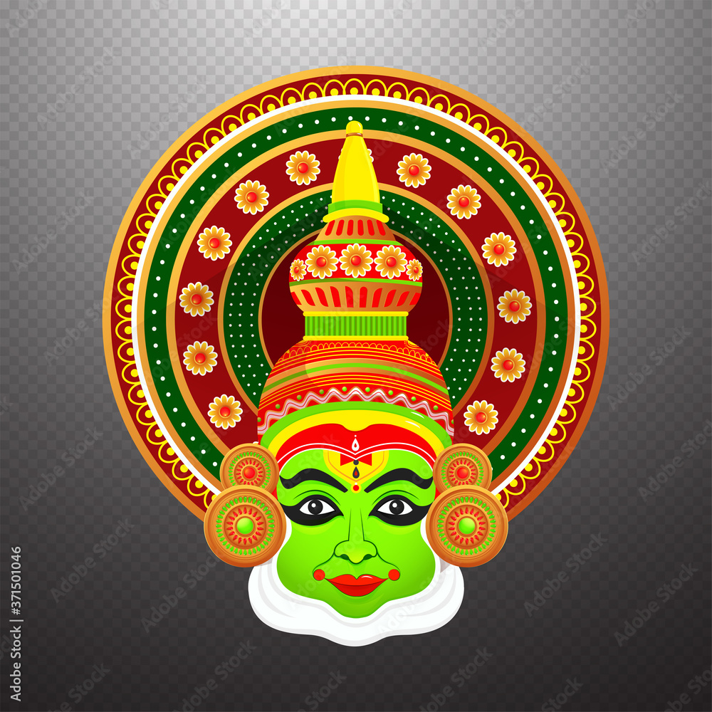 Kathakali Face illustration for indian festival Happy onam on PNG background.