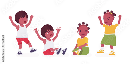 Toddler children, black little boy and girl expressing different emotions. Cute sweet healthy baby, aged 12 to 36 months, wearing comfortable summer outfits. Vector flat style cartoon illustration