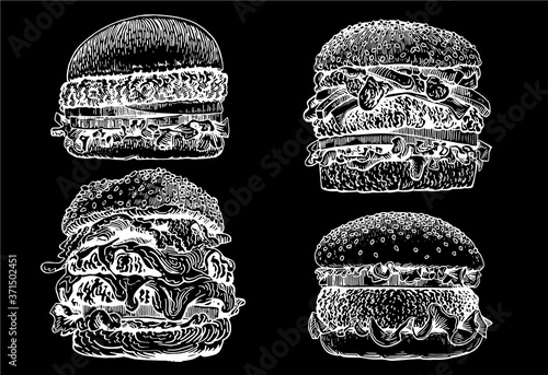 Graphical set of hamburgers on black background, fast food vector illustration