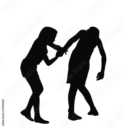 Little brother and sister fighting vector silhouette illustration isolated on white background. Angry girl and boy fight. Children wrestle about toy in hand. problematic behavior, bully terror abused.