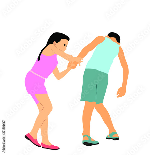Little brother and sister fighting vector illustration isolated on white background. Angry girl and boy fight. Stubborn children wrestle about toy in hand. problematic behavior, bully terror abused.
