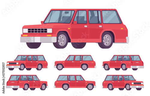 Station wagon, estate car red set. Large family auto, urban and country comfortable transportation, classic automobile for business service. Vector flat style cartoon illustration, different views
