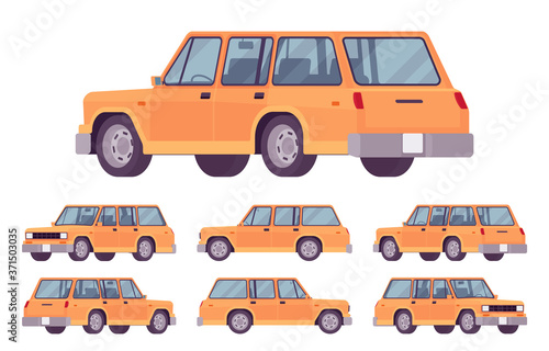 Station wagon, estate car orange set. Large family auto, urban and country comfortable transportation, classic automobile for business service. Vector flat style cartoon illustration, different views