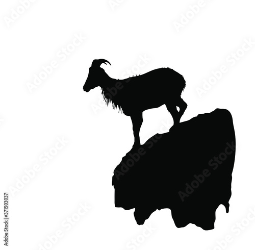Mountain alps goat on rock on top of the hill vector silhouette illustration isolated on white background. Wild animal symbol. 