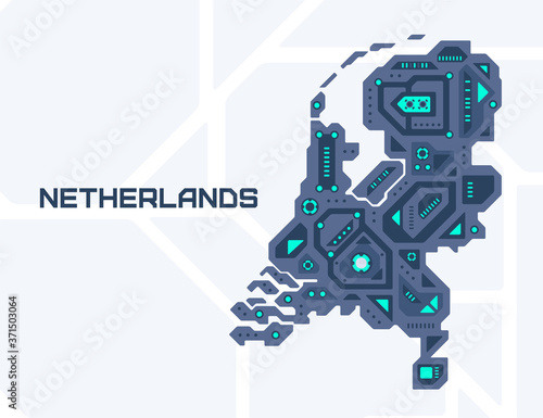 Abstract futuristic map of Netherlands. Mechanical circuit of the country. Technology space background.