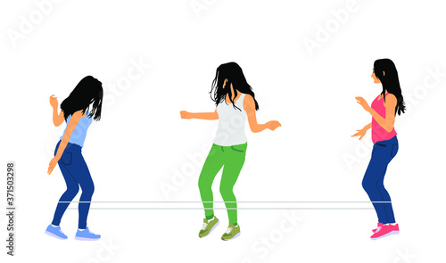 Handsome happy girls playing rubber band jumping game vector illustration isolated on white background. Woman recreation and exercise with elastic rope. Outdoor summer friends activity.