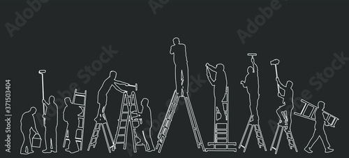 Painter workers on ladder vector line contour silhouette isolated. Man decorator painting wall with paint brush roller. Crew renovation home. Handyman move in job. Washing window cleaning service