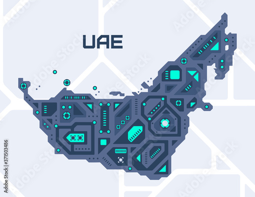 Abstract futuristic map of UAE. Mechanical circuit of the country. Technology space background.