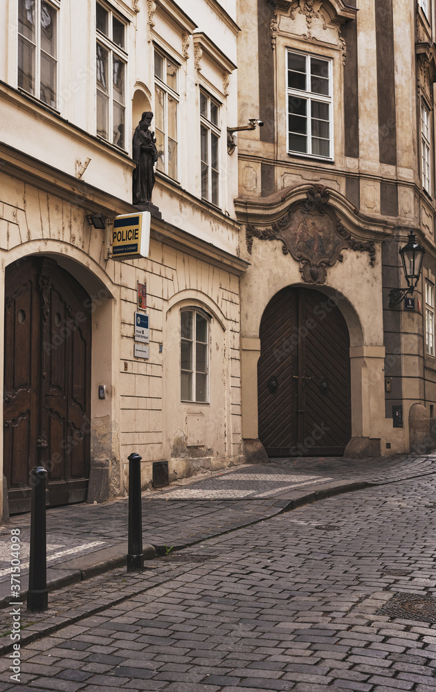 Prague, Czech Republic - August 1, 2020, old buildings in art nouveau style on the tourist streets of Prague