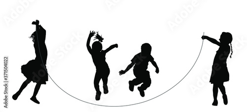 Happy joyful kids, little boys and girls doing exercises, skipping with jump rope vector silhouette isolated on white. Funny game children jumping rope. Smiling child enjoy, daughter and son play game
