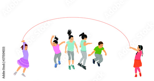 Happy joyful kids, little boys and girls doing exercises, skipping with jump rope vector illustration isolated on white. Funny game children jumping rope. Smiling child enjoy, daughter son play game