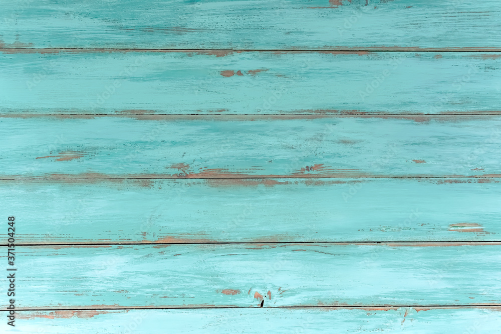 Wood rustic light blue or green background. Old wooden table, top view. Vintage natural texture, grunge weathered surface, copy space for your text.