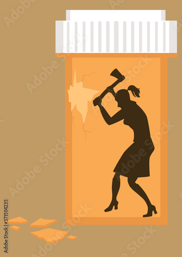 Woman trying to break out of a pill bottle symbolizing her prescription drug addiction, EPS 8 vector illustration