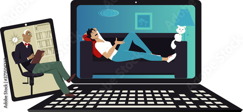 Psychiatrist communicating with a patient via internet, using computer and a tablet, EPS 8 vector illustration 