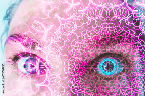 Portrait of a beautiful steampunk woman. All-seeing eye in cyber-punk colors. Fractal background from crossed line and light effects. Iridescent spheres. Vivid psychedelic background. photo