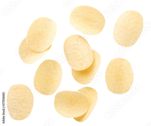 Potato chips are flying on a white isolated background. Levitating Chips