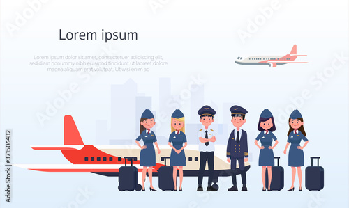 Group of pilots and flight attendants, air hostess. Flat design people characters.
