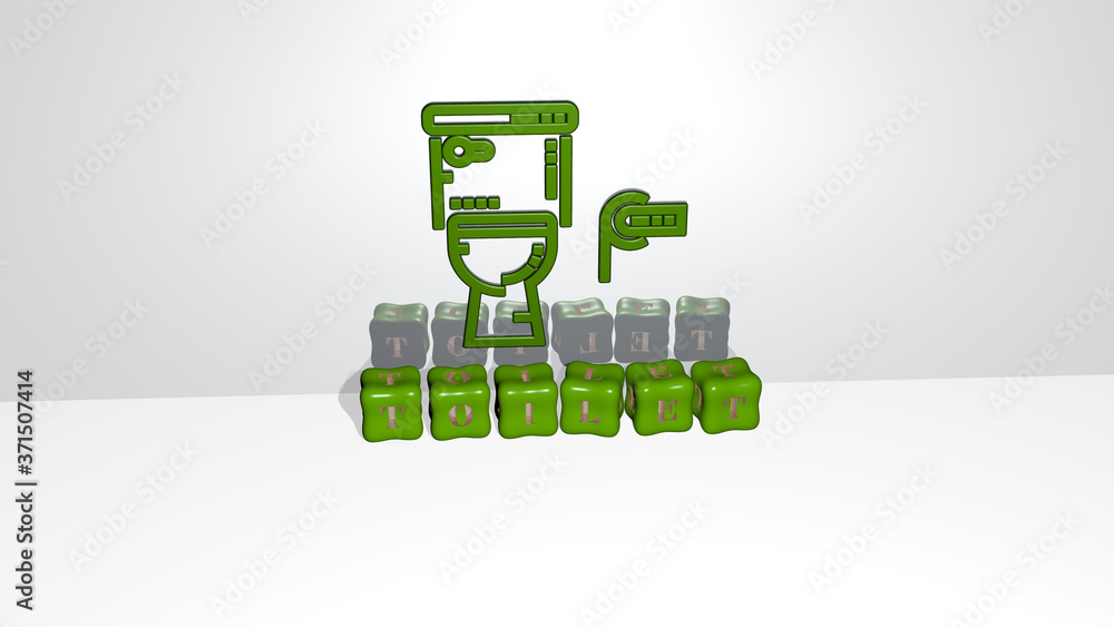 3D representation of TOILET with icon on the wall and text arranged by metallic cubic letters on a mirror floor for concept meaning and slideshow presentation for bathroom and illustration 3D representation of TOILET with icon on the wall and text arranged by metallic cubic letters on a mirror floor for concept meaning and slideshow presentation for bathroom and illustration