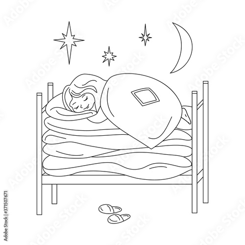 The little girl sleeps on a high bed. There are many mattresses on the bed. Vector black and white outline illustration. Coloring book page.