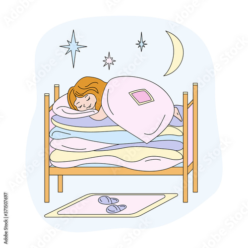 Little girl is sleeping on the bed. There are many mattresses on the bed. Vector illustration in cartoon style.