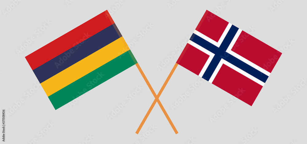 Crossed and waving flags of Mauritius and Norway