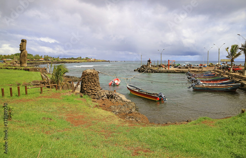 The Hanga Roa Otai Bay  the most crowded bay with the Moai ruins of Ahu Hotake ceremonial platform on Easter island  Chile