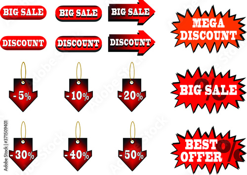 Set of fifteen web design elements with transparent background. Ready for export to PNG and subsequent addition to the web. Big sale, best offer, discount and percentage discount labels.