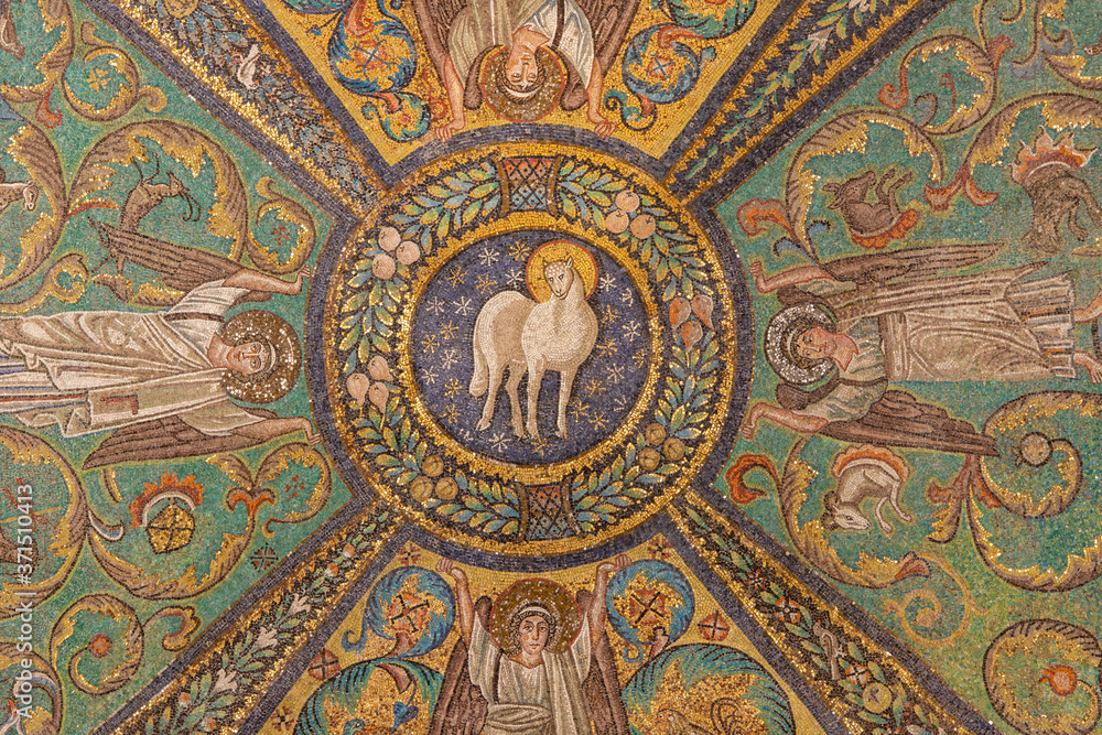 RAVENNA, ITALY - JANUARY 28, 2020: The symbolic mosaic of Lamb of God from the presbytery of church Basilica di San Vitale from the 6. cent.