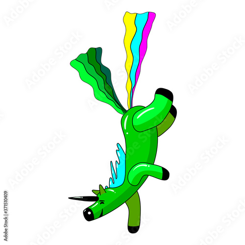 Unicorn pooping a rainbow, fantasy cute character beast multicolored shit turd. Vector illustration isolated cartoon style