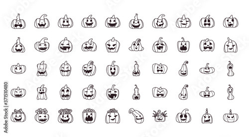 pumpkins cartoons free form line style 50 icon set vector design