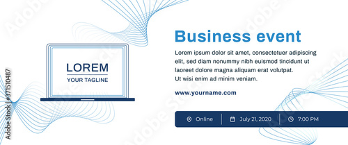 Business banner with a laptop and contact icons on white background. Abstract poster vector template with lines e-mail, party, workshop, event, webinar, conference