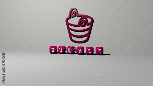 bucket 3D icon on the wall and text of cubic alphabets on the floor - 3D illustration for background and construction