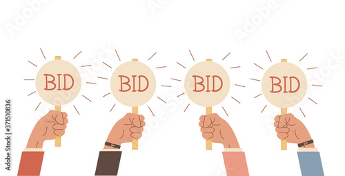 Auction bidding. Hands holding bids paddle. Sale and buyers. Business competitors buying. Financial auctioneers holding cards with caption. Flat arm with signs. Vector illustration on white.