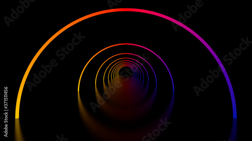 Rainbow portal, glowing lines, tunnel, corridor, virtual reality, abstract fashion background, violet neon lights, arch, pink blue vibrant colors. 3d rendering, 3d illustration