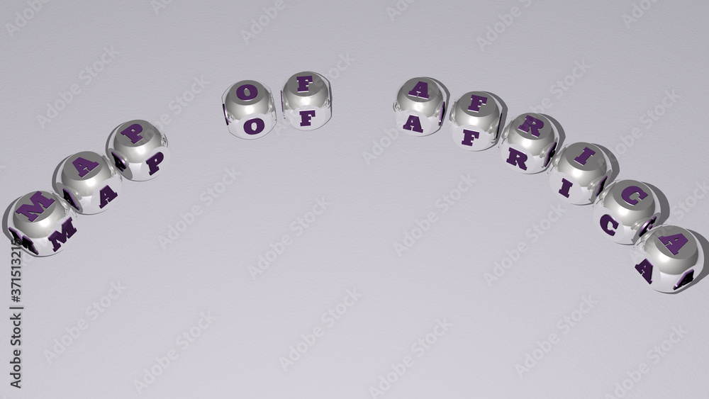 map of africa text of dice letters with curvature - 3D illustration for background and abstract