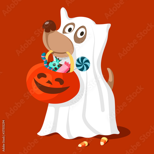 Cute dog in a ghost costume with a pumpkin for Halloween sweets. Cartoon vector illustration.