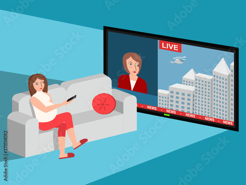 Pregnant woman watching television at home, sitting on the couch in front of TV screen. Big screen show news channel, can be mockup for your content. Flat style vector concept.
