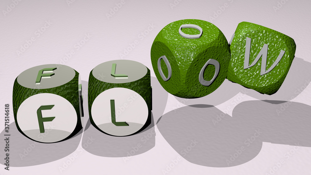 FLOW text by dancing dice letters - 3D illustration for background and abstract FLOW text by dancing dice letters - 3D illustration for background and abstract