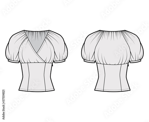 Fitted top technical fashion illustration with surplice neck, elasticated puffed short sleeves, side zip fastening. Flat apparel blouse template front, back grey color. Women men unisex shirt mockup